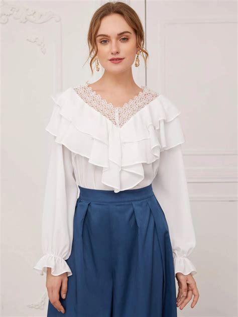 Shein Guipure Lace Panel Top Flounce Sleeve