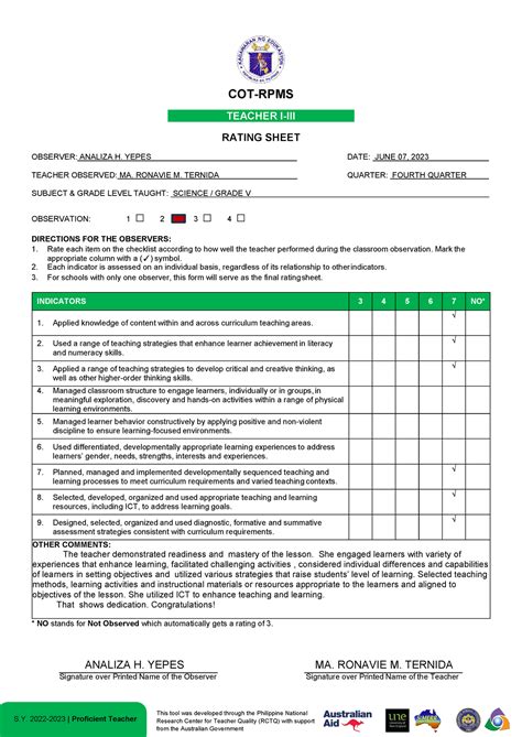 Sample Class Observation Cot Rpms Teacher I Iii Rating Sheet Observer