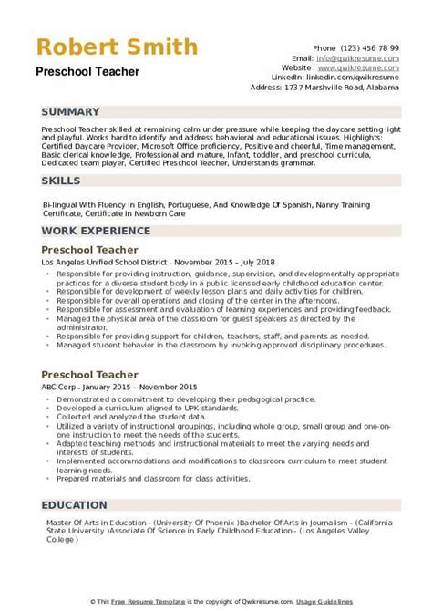 Letter Or A4 Elementary Or Preschool Teacher Resume Template With