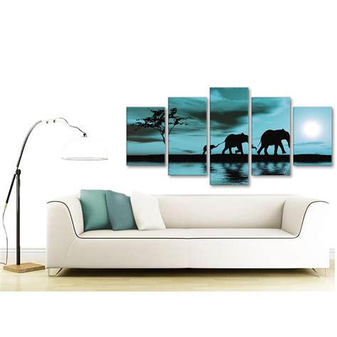 Extra Large Teal African Sunset Elephants Canvas Wall Art Print Multi