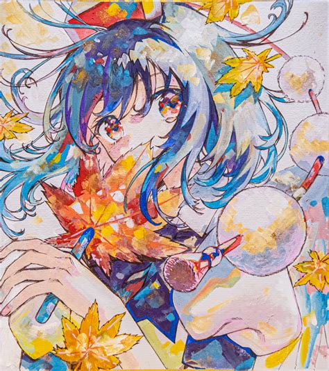 Safebooru 1girl Autumn Leaves Bangs Black Hair Commentary Request Hand Fan Hat Hauchiwa