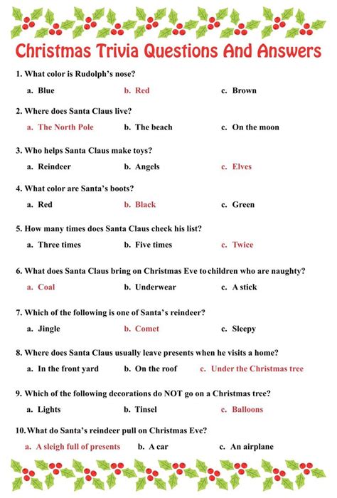Christmas Trivia Questions And Answers With Holly Leaves On The Border
