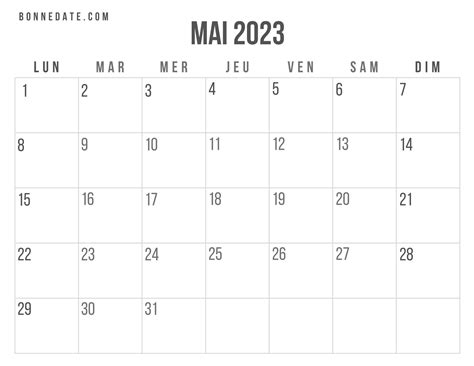 Calendrier Mai 2023 Calendrier Gratuit Facile à Imprimer