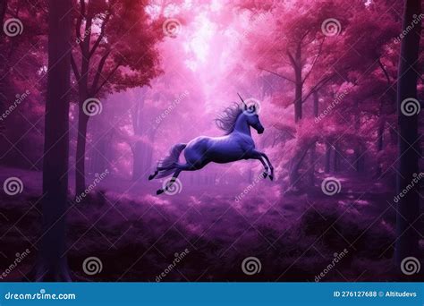 Magical Dark Purple Forest With Unicorn Flying Through The Trees Stock
