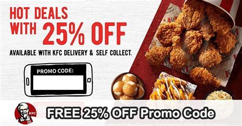 The coupon codes can be redeemed at any of over 20,000 restaurants nationwide that accept cashcoupons. KFC 25% OFF Promo Code Promotion for Delivery or Self Collect