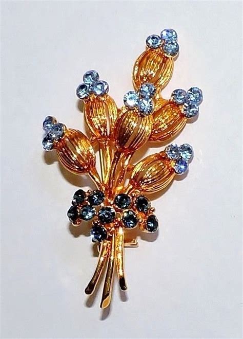 Vintage Goldtone Blue Rhinestone Figural Flower Bouquet Brooch Pin