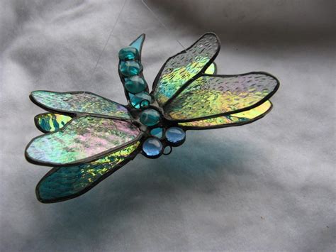 Hand Crafted Double Winged Dragonfly Stained Glass Art In Aqua And Teal