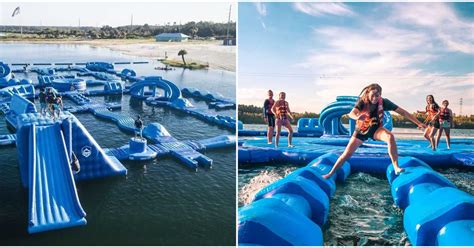 Two Pictures Side By Side One With An Inflatable Water Park And The