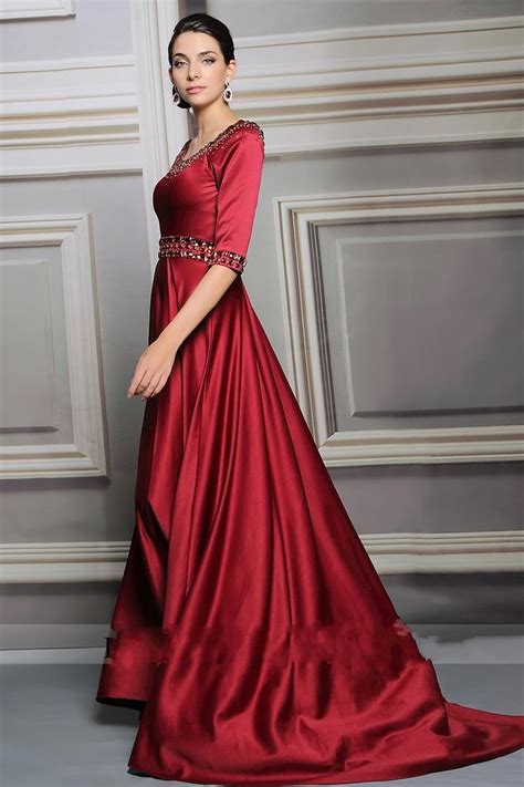 Elegant Burgundy Evening Dresses 2016 Cap Sleeves Beadings Satin V Neck