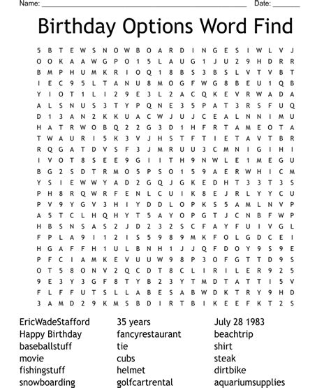 Birthday Options Word Find Word Search WordMint