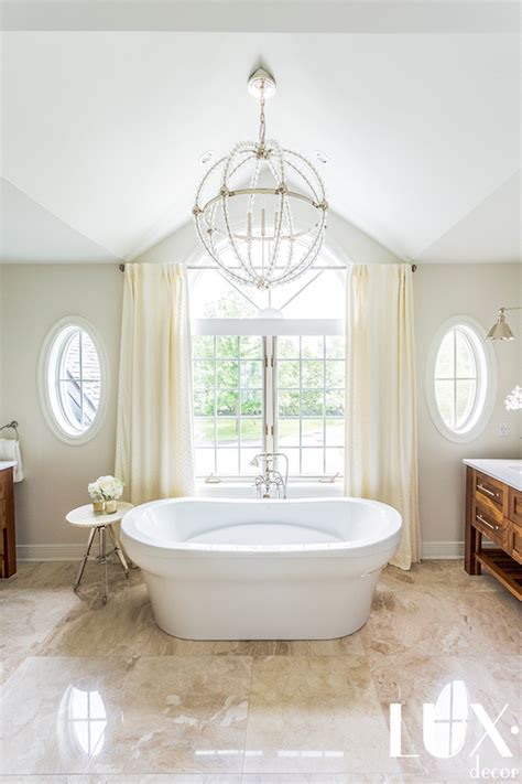 Bathroom Vaulted Ceiling With Beaded Clear Chandelier Transitional