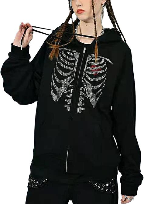 Skeleton Zip Up Hoodie Y2k E Girls Women Aesthetic Oversized Sweater