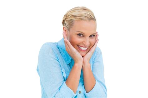 Pretty Woman Laughing At Camera With Hands On Face Stock Image Image