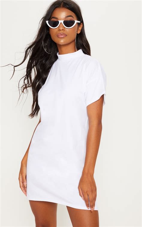 White High Neck Oversized T Shirt Dress Prettylittlething Qa