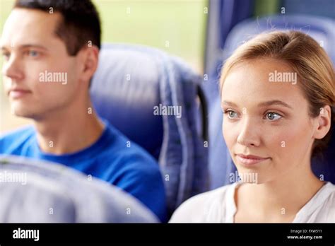 Happy Young Woman Sitting In Travel Bus Or Train Stock Photo Alamy