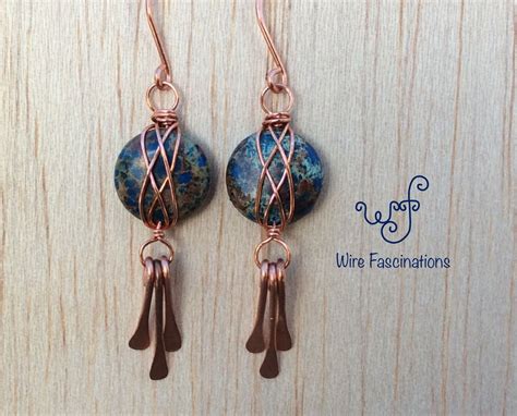 Handmade Jasper Earrings Copper Wire Wrapped Blue Dyed Jasper With