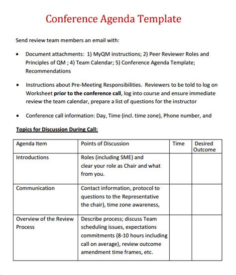 sample agenda templates sample templates