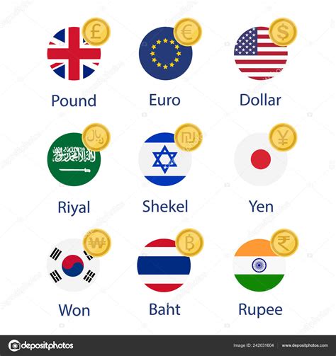 World Currency Flags Symbol Coins Set Collection Stock Vector By