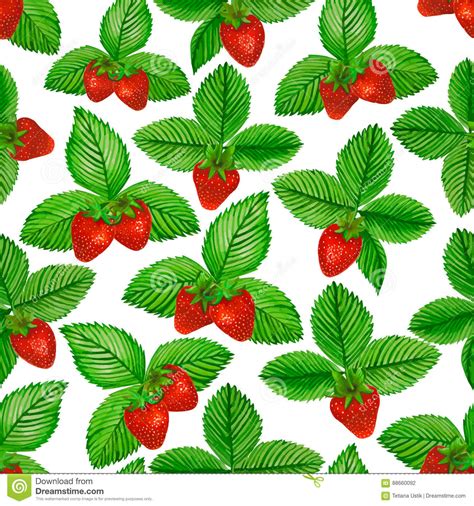 Watercolor Strawberry With Green Leaves On White Background Seamless
