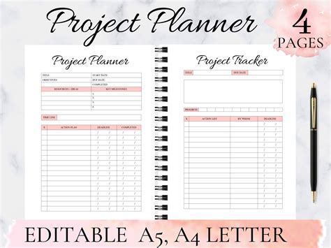 The Printable Project Planner Is Shown On Top Of A Marble Background