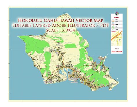 Honolulu Oahu Hawaii Us Map Vector City Plan Low Detailed For Small