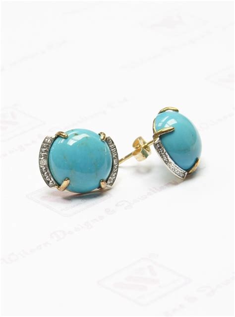 Round Stabilized Turquoise Stud Earrings With Diamond In 14K Yellow