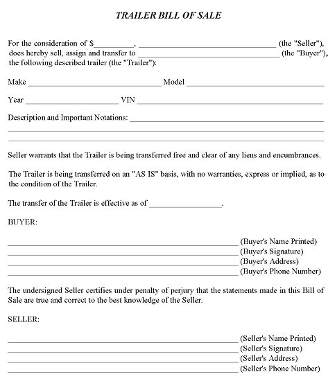 Free Trailer Bill Of Sale Template Pdf And Word Printable