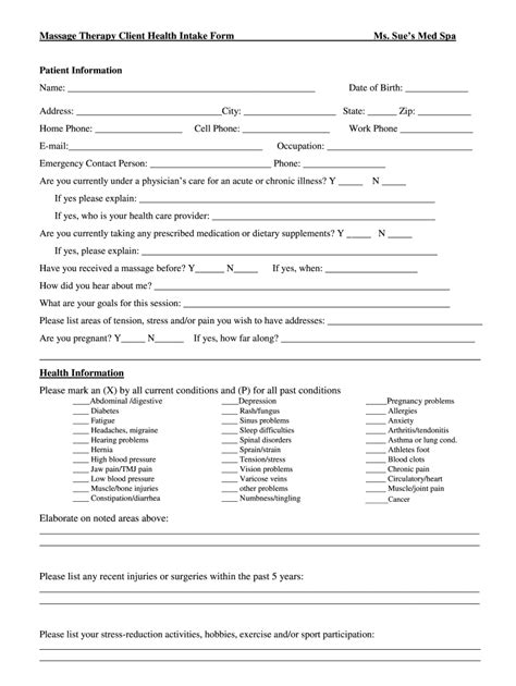 Free Printable Spa Intake Form Printable Forms Free Online