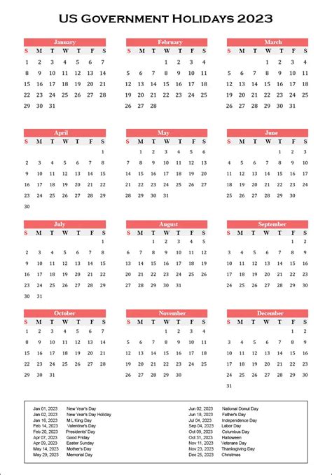 Printable Yearly Calendar With Us Government Holidays 2023