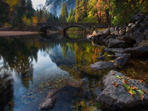 Autumn Nature Landscape Bridge On The Merced River In Yosemite United
