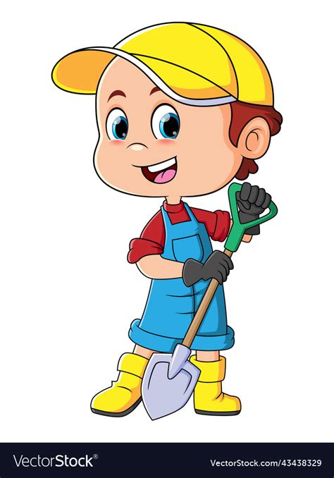 Little Boy Is Digging The Ground With The Shovel Vector Image