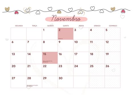 Calendario Mensal 2023 Coracao Novembro Fazendo A Nossa Festa