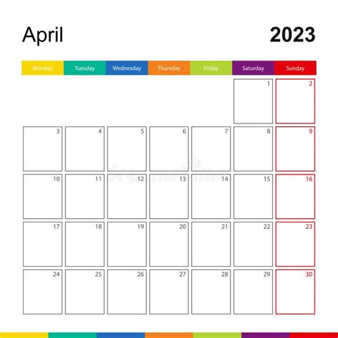 April 2023 Colorful Wall Calendar Week Starts On Monday Stock Vector