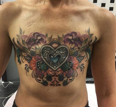 Stunning Heart Lock Floral Flat Mastectomy Tattoo Mastectomy Tattoo