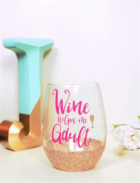 Wine Helps Me Adult Funny Wine Glass Cute Wine Glass Cute Quote Wine Glass Glitter Dipped Wine