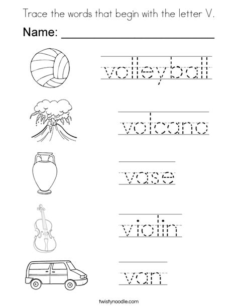 Trace The Words That Begin With The Letter V Coloring Page Twisty Noodle