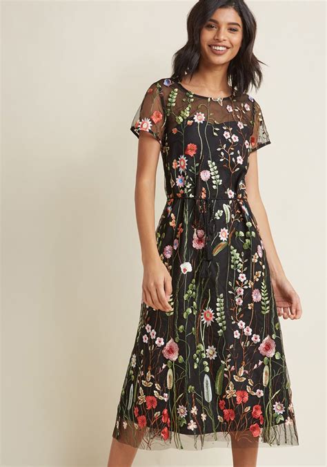 Floral Midi Dress With Embroidered Overlay In The Depths Of Your