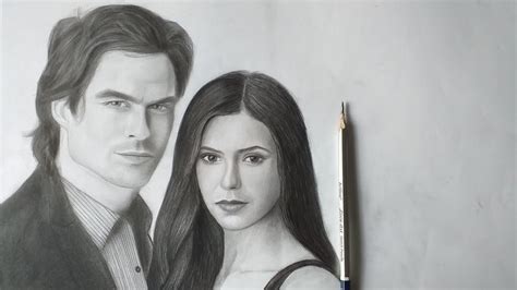 Ian Somerhalder And Nina Dobrev Pencil Drawing Damon And Elena