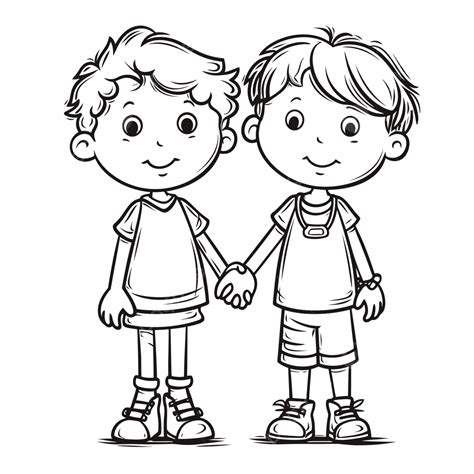 Two Boys Holding Hands Coloring Pages Outline Sketch Drawing Vector