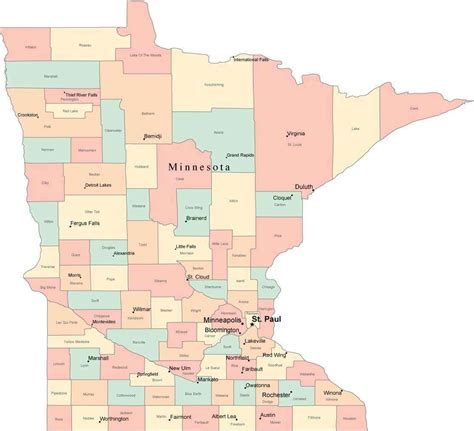 Multi Color Minnesota Map With Counties Capitals And Major Cities