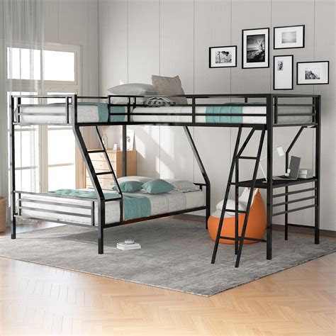 Buy Klmm Metal Triple Bunk Beds With Desk Twin Over Full Bunk Bed Attached Twin Loft Bed L