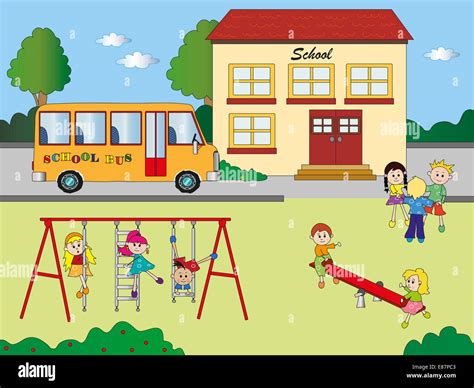 Illustration Of School With Children In Playground Stock Photo Alamy