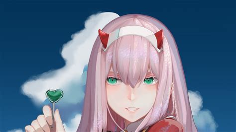 Darling In The Franxx Zero Two Having Green Lollipop With Background Of