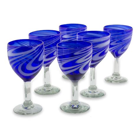 6 Hand Blown 10 Oz Blue White Wine Glasses From Mexico Whirling Cobalt Novica