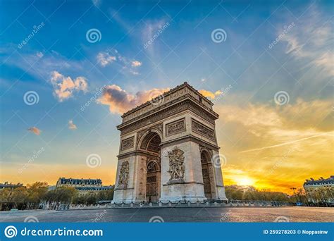 Paris France Sunset At Arc De Triomphe And Champs Elysees Stock Image