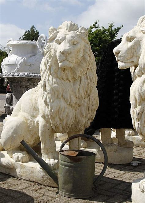 Pair Of Giant Stone Cast Sitting Lions 135m High White Stone Garden