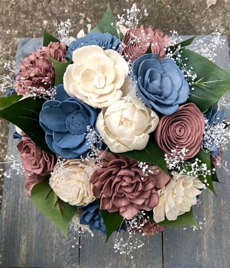 Slate Blue Dusty Rose And Ivory Sola Wood Wedding Bouquet Etsy