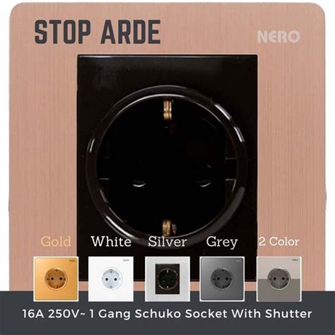 Jual Nero Stop Kontak Gold 1 Gang Schuko Socket With Shuftter Di Lapak