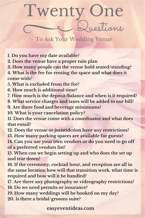 21 Questions To Ask Your Wedding Venue Easy Event Ideas