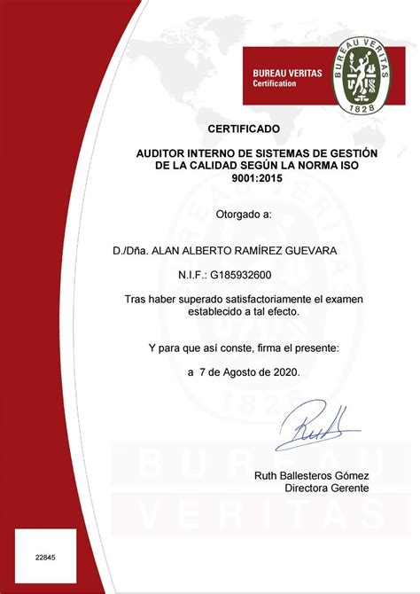 Certificado De Auditor Interno En Sg De Calidad Iso 9001 Por Bureau